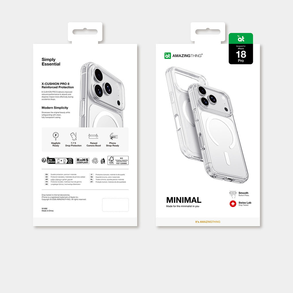 AmazingThing Minimal Mag Drop Proof Case 3 Lens iPhone 18 Pro su virvute, MagSafe suderinama - skaidri -- iPhone 18 Pro