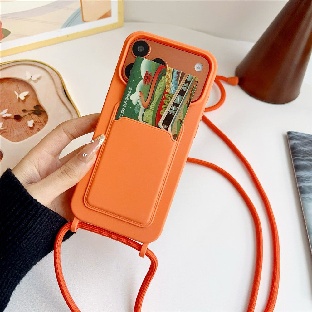 iPhone 17 Pro / 18 Pro silikoninis dėklas su kortelės išduojimu ir kryžminės kūno dirželiu – oranžinis -- iPhone 17 Pro /...