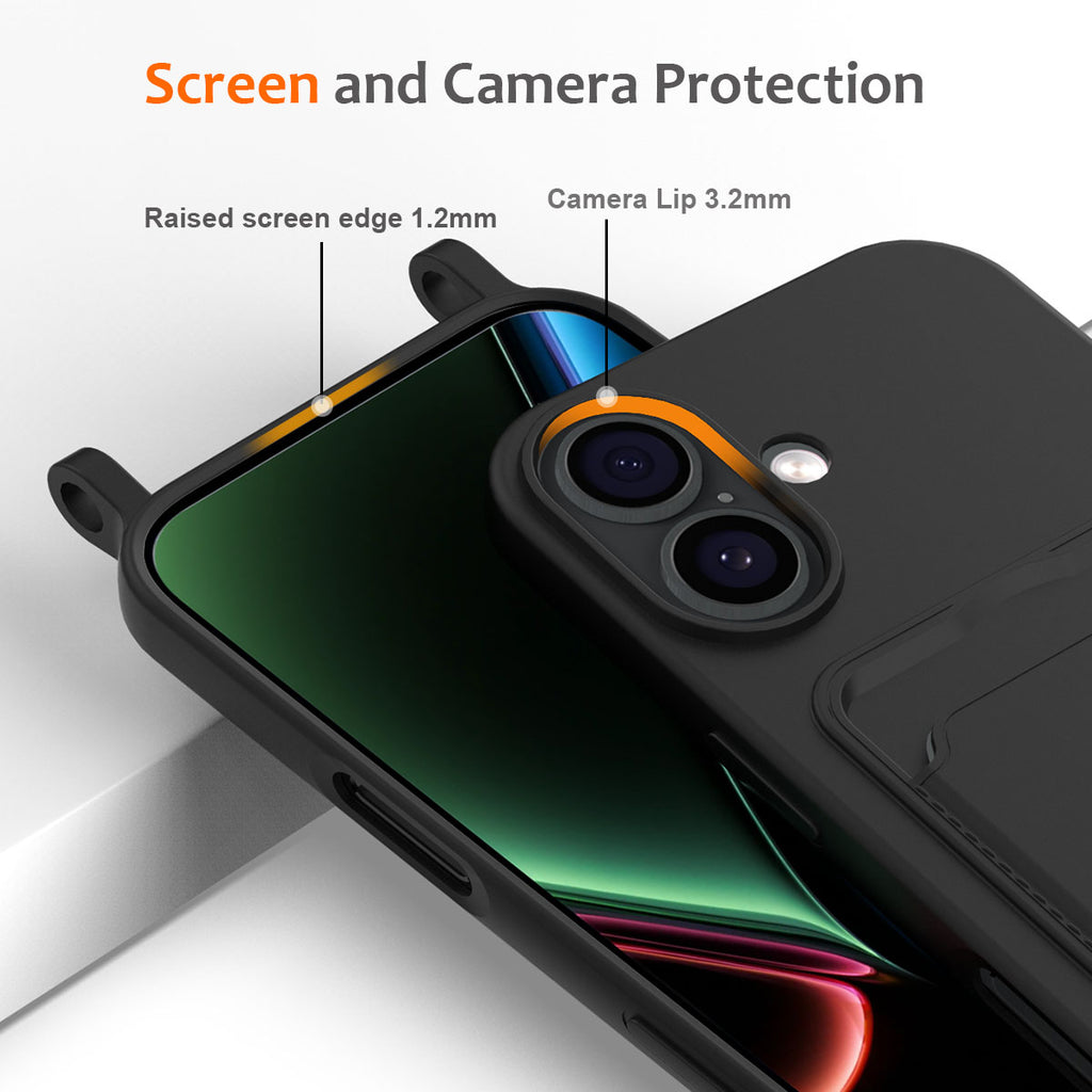 iPhone 17 TPU dėklas su kortelės laikikiu ir kryžminės kūno virveliu – juodas -- iPhone 17