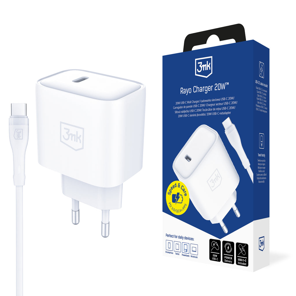 3mk Rayo Charger 20W PD3.0 PPS USB-C Sieninis įkroviklis + USB-C / USB-C 3A 60W Kabelis - Baltas -- Cell phone chargers