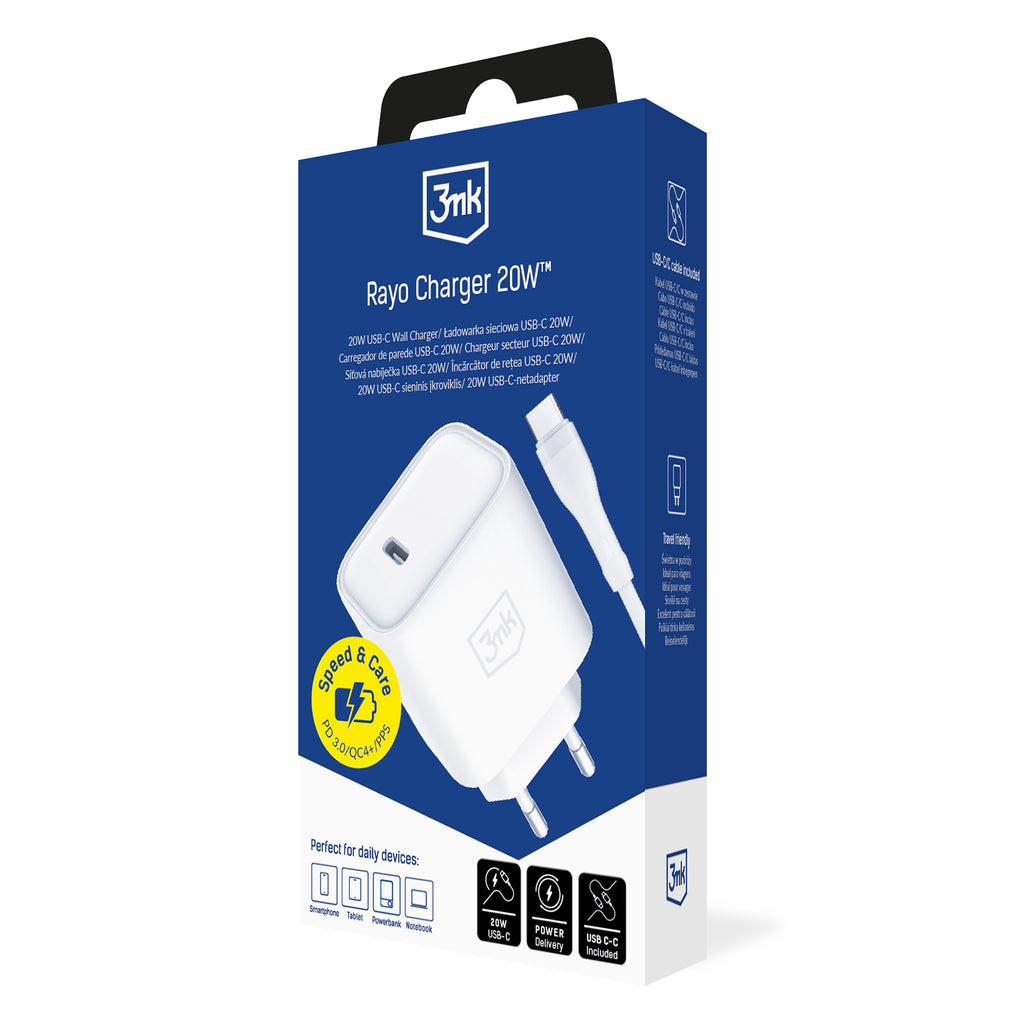3mk Rayo Charger 20W PD3.0 PPS USB-C Sieninis įkroviklis + USB-C / USB-C 3A 60W Kabelis - Baltas -- Cell phone chargers