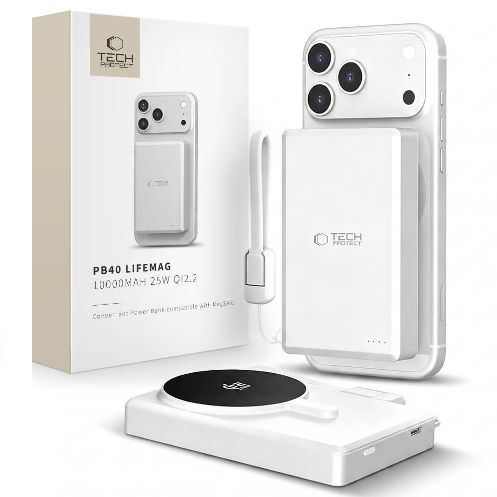 TECH-PROTECT PB40 LIFEMAG MAGSAFE POWER BANK 10000MAH 25W QI2.2 WHITE/SILVER -- Cell phone cables