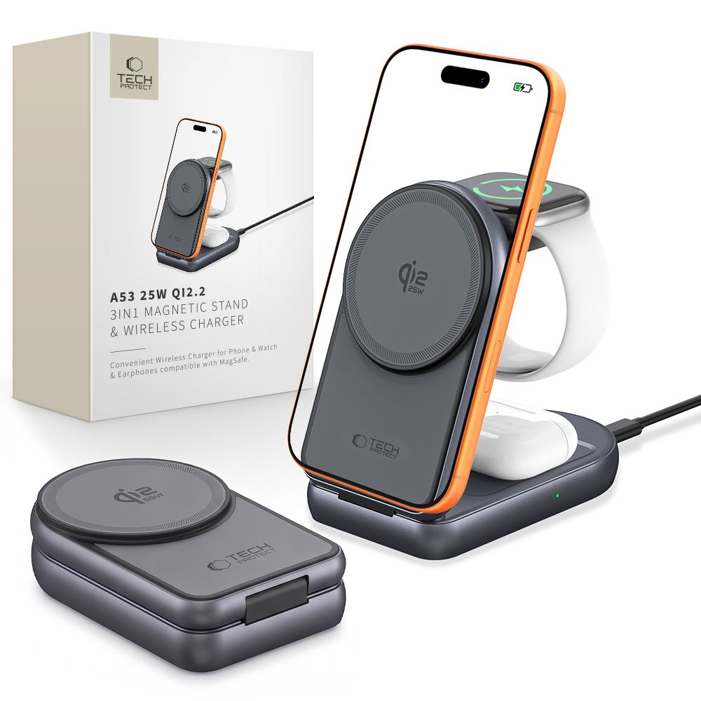 Tech-Protect A53 3in1 MagSafe 25W Qi2.2 Belaidis įkroviklis - Tamsiai pilkas -- Cell phone chargers
