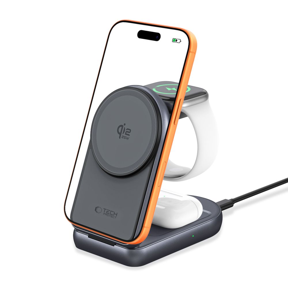 Tech-Protect A53 3in1 MagSafe 25W Qi2.2 Belaidis įkroviklis - Tamsiai pilkas -- Cell phone chargers