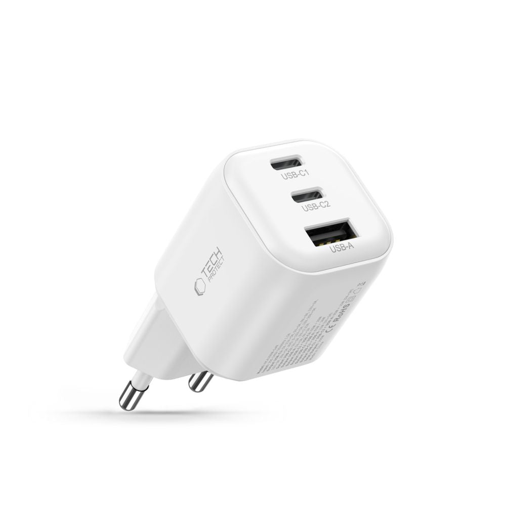 Tech-Protect NCA100W-GaN 3-prievadų PD 3.2 100W / QC3.0 sieninis įkroviklis - Baltas -- Cell phone chargers