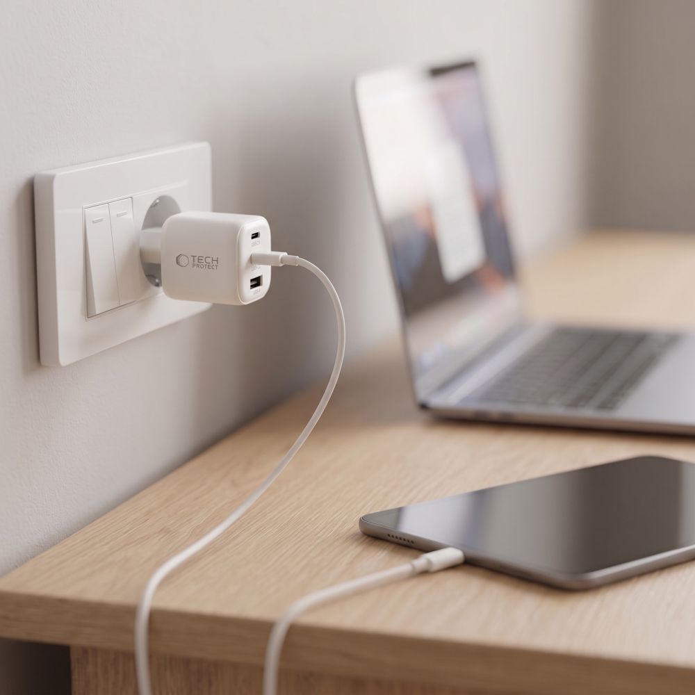 Tech-Protect NCA100W-GaN 3-prievadų PD 3.2 100W / QC3.0 sieninis įkroviklis - Baltas -- Cell phone chargers