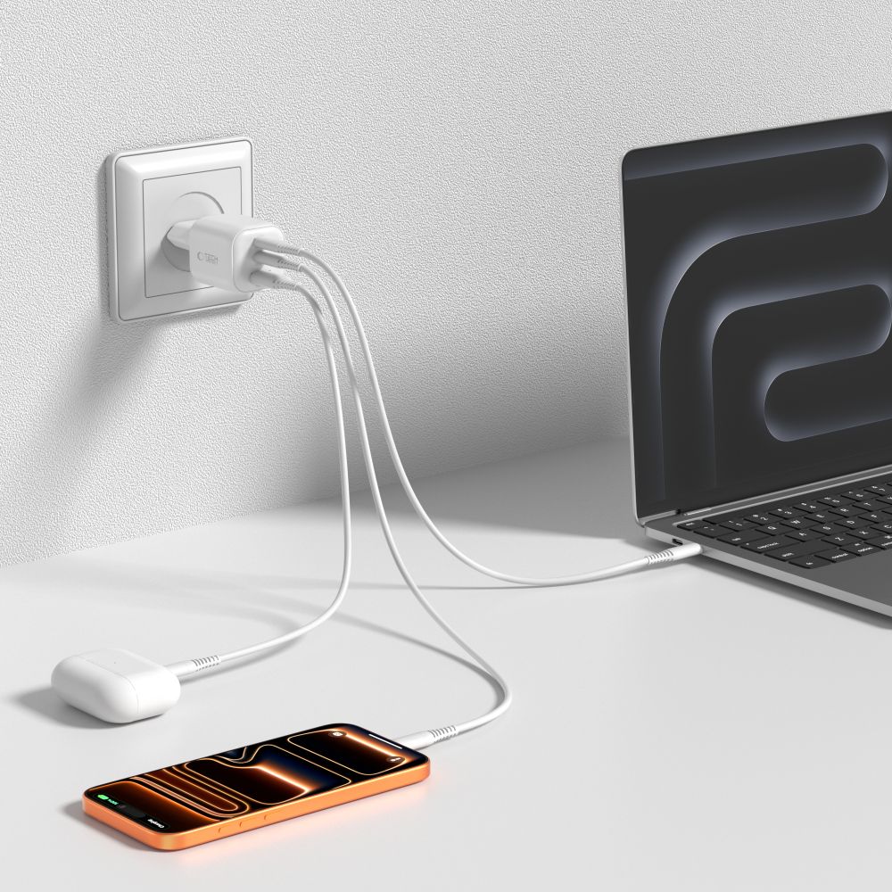 Tech-Protect NCA100W-GaN 3-prievadų PD 3.2 100W / QC3.0 sieninis įkroviklis - Baltas -- Cell phone chargers