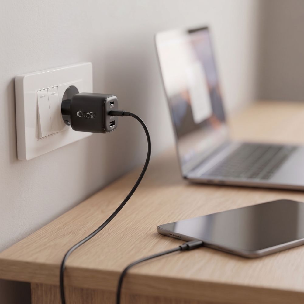Tech-Protect NCA100W-GaN PD 3.2 100W / QC3.0 sieninis įkroviklis - juodas -- Cell phone chargers