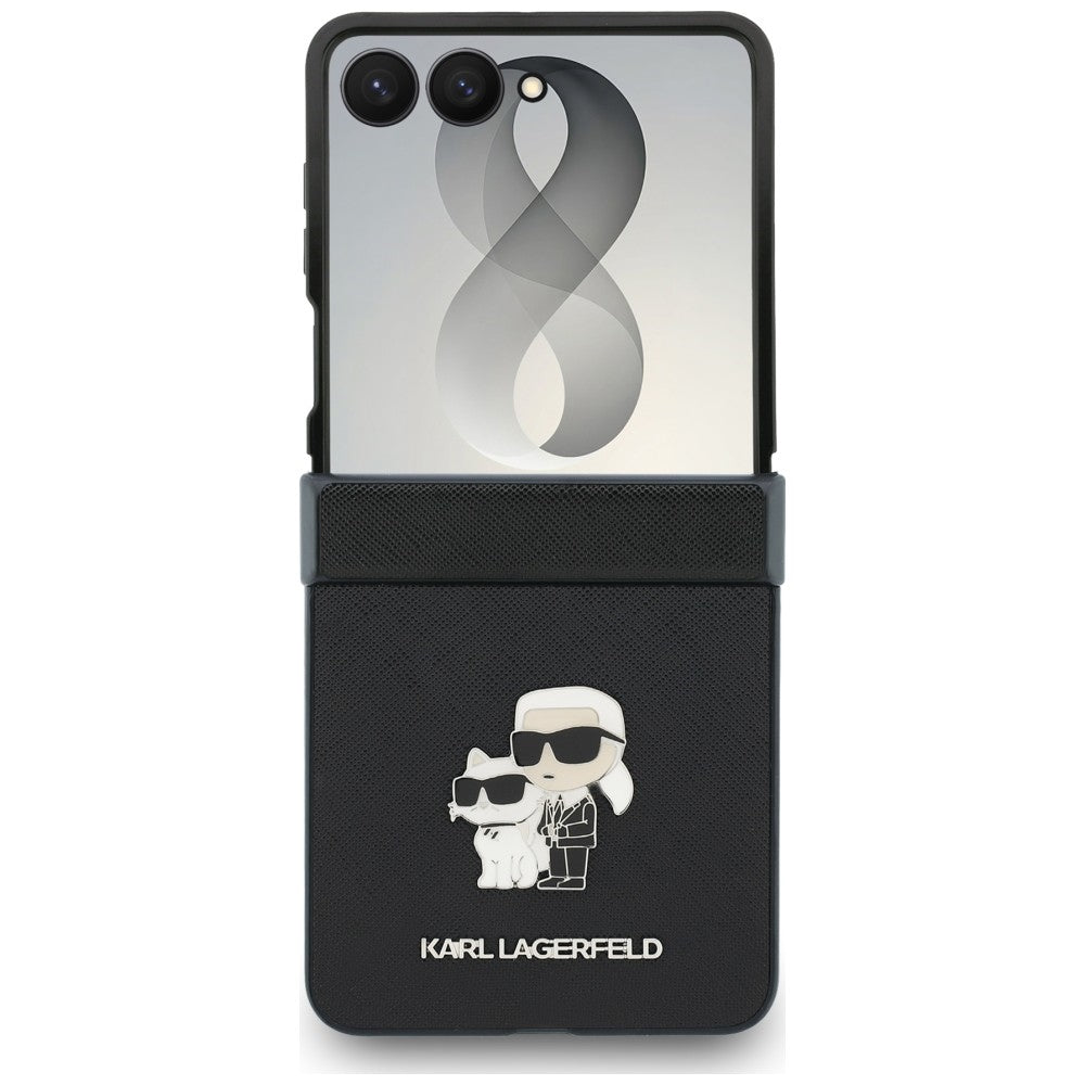 Dėklas Karl Lagerfeld Karl & Choupette Saffiano Pins Samsung Galaxy Z Flip 8 - juodas -- Samsung Galaxy Z Flip 8