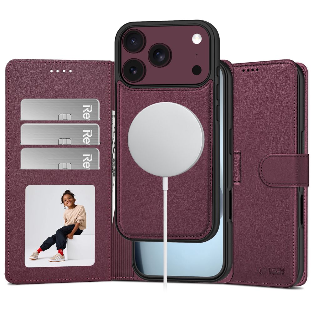 Tech-Protect Wallet MagSafe dėklas skirtas iPhone 17 Pro / 18 Pro - buržundiškai raudona -- iPhone 17 Pro / iPhone 18 Pro