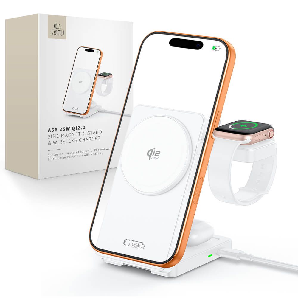 Tech-Protect A56 3in1 MagSafe 25W QI2.2 belaidis įkroviklis + USB-C / USB-C kabelis 100cm - Baltas -- Cell phone chargers