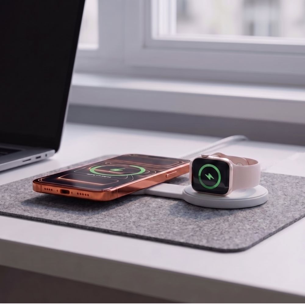 Tech-Protect A55 2in1 MagSafe 25W Qi2.2 Belaidis Krauntuvas + USB-C / USB-C Kabelis 100cm - Balta -- Cell phone chargers