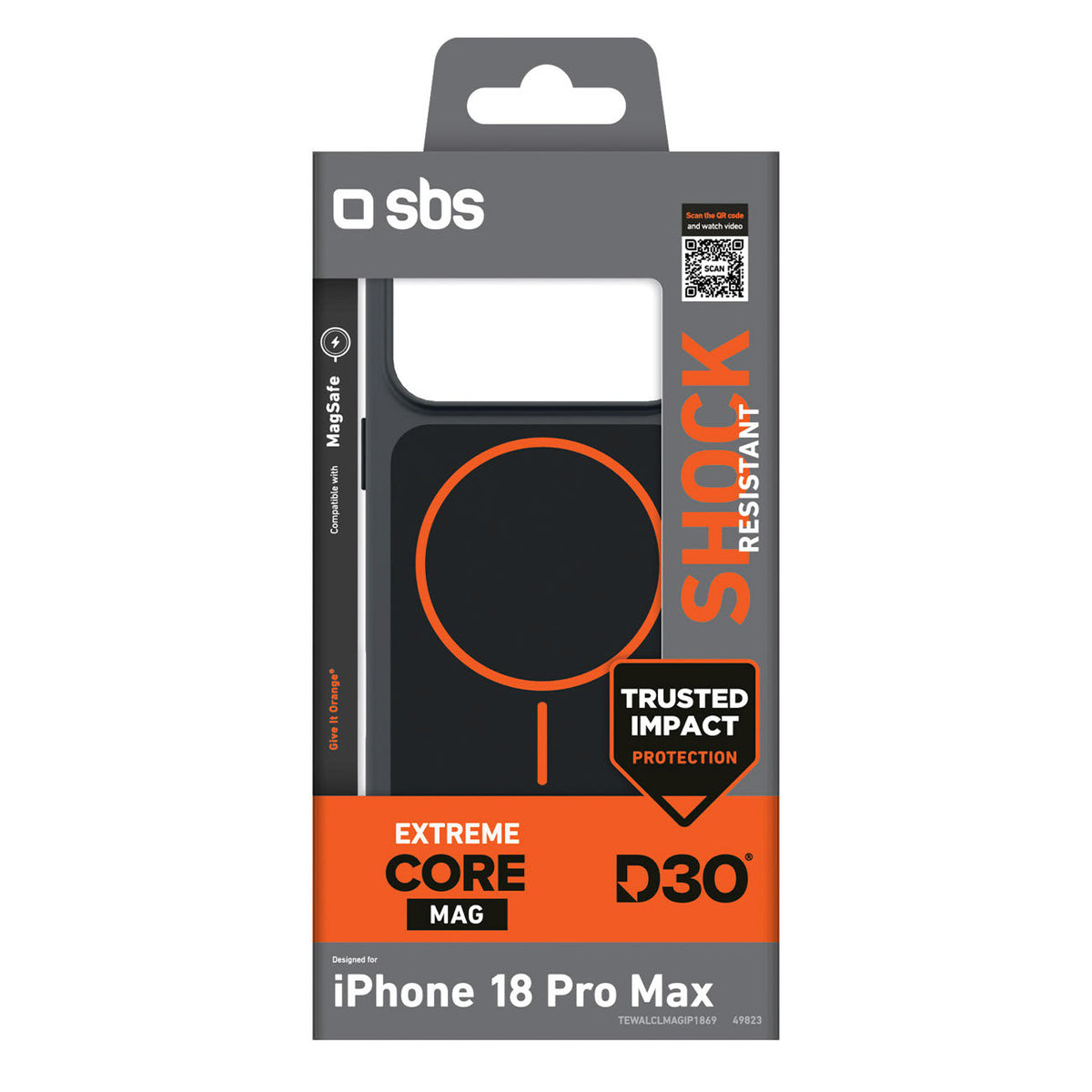 SBS D3O Core dėklas skirtas iPhone 18 Pro / 17 Pro, suderinamas su MagSafe - juodas ir oranžinis -- iPhone 18 Pro /...