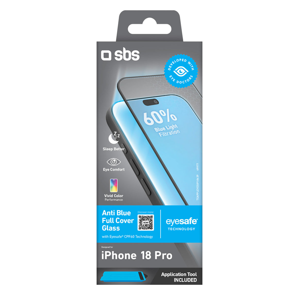 SBS Anti Blue pilno ekrano stiklas iPhone 18 Pro su mėlyno šviesos filtru -- iPhone 18 Pro