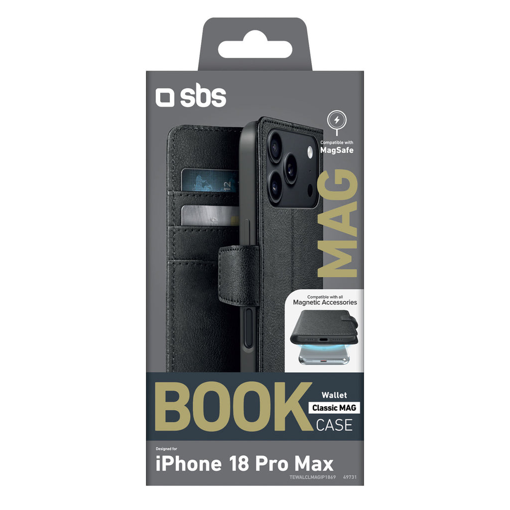 SBS Wallet Classic Mag dėklas iPhone 18 Pro Max, suderinamas su MagSafe, su piniginės funkcija ir stovu - juoda -- iPhone...