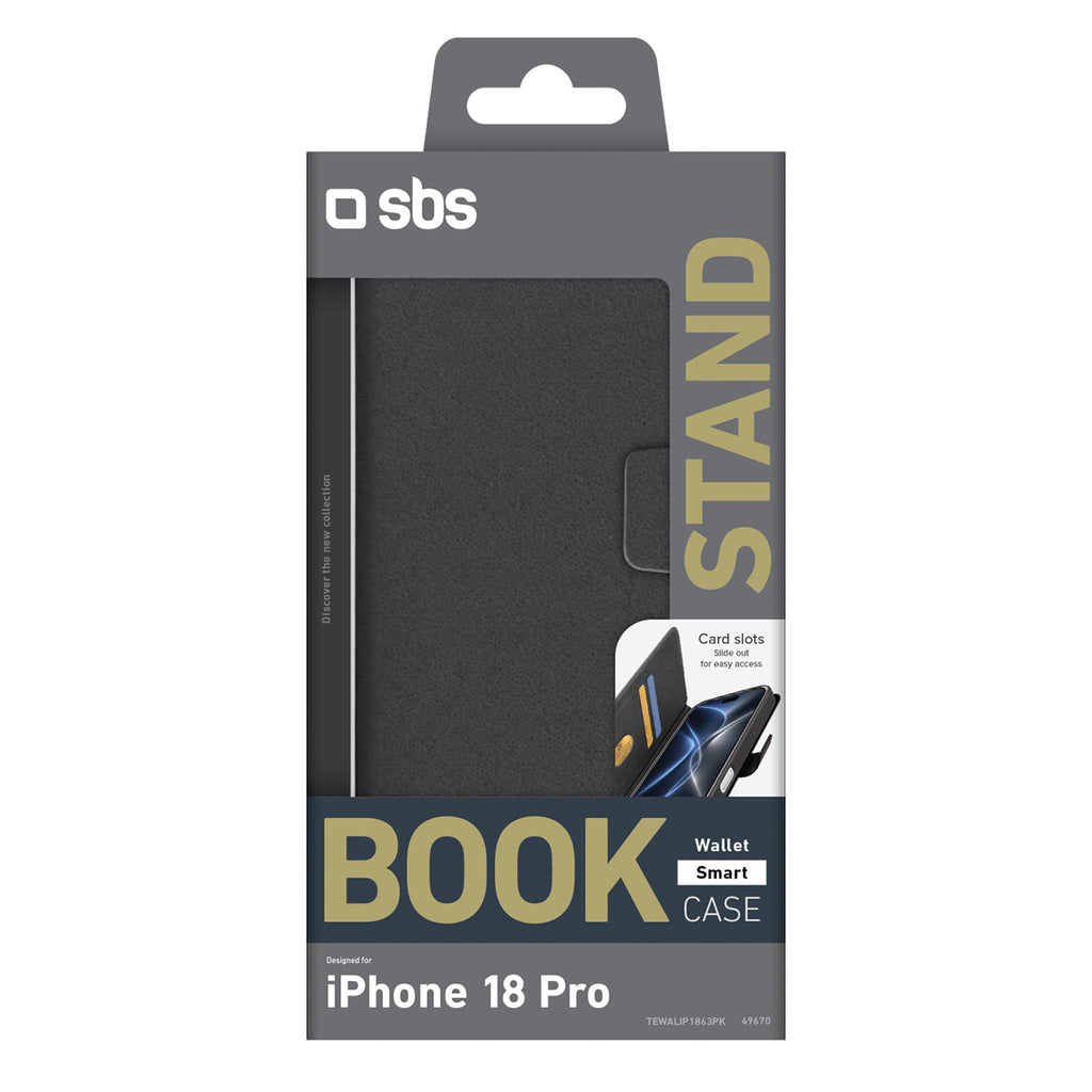 SBS Wallet Smart dėklas iPhone 18 Pro su piniginės funkcija ir stovu - juoda -- iPhone 18 Pro