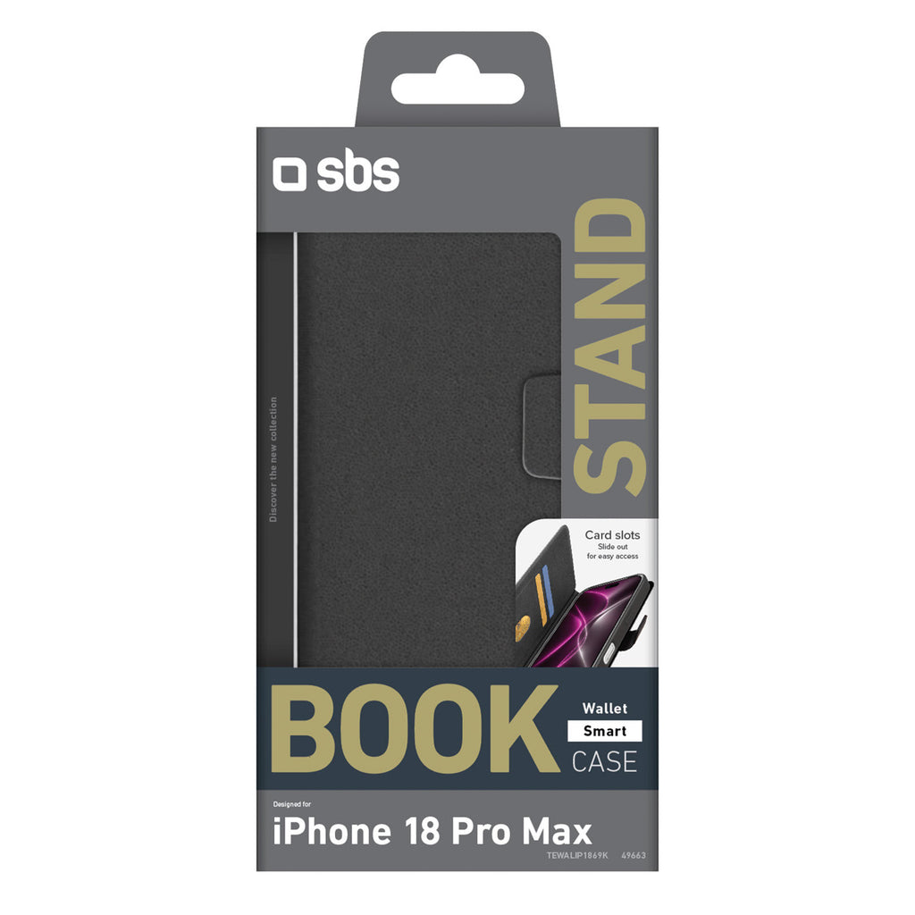 SBS Wallet Smart dėklas iPhone 18 Pro Max su piniginės funkcija ir stovu - juoda -- iPhone 18 Pro Max