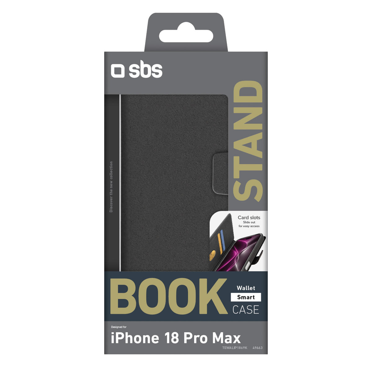 SBS Wallet Smart dėklas iPhone 18 Pro Max su piniginės funkcija ir stovu - juoda -- iPhone 18 Pro Max