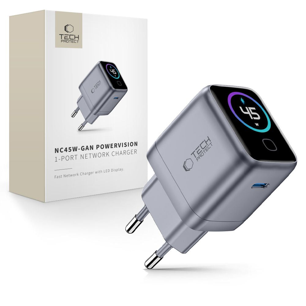 Tech-Protect PowerVision NC45W-GaN 1-prievado PD 45W Sienos Krauntuvas - Tamsiai Pilka -- Cell phone chargers