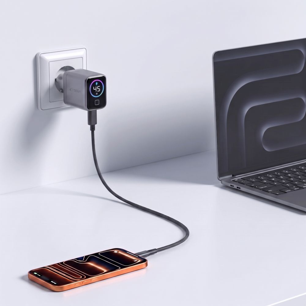 Tech-Protect PowerVision NC45W-GaN 1-prievado PD 45W Sienos Krauntuvas - Tamsiai Pilka -- Cell phone chargers