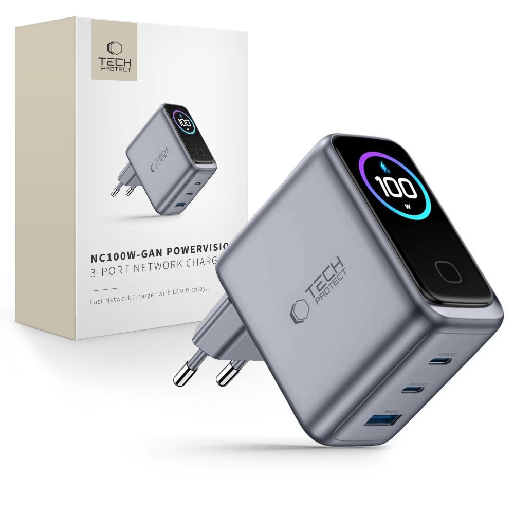 Tech-Protect PowerVision NC100W-GaN 3-prievadų PD 100W / QC3.0 Sienos Krauntuvas - Tamsiai Pilka -- Cell phone chargers