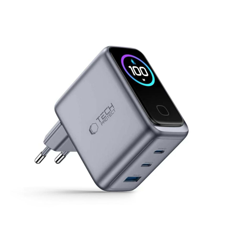 Tech-Protect PowerVision NC100W-GaN 3-prievadų PD 100W / QC3.0 Sienos Krauntuvas - Tamsiai Pilka -- Cell phone chargers