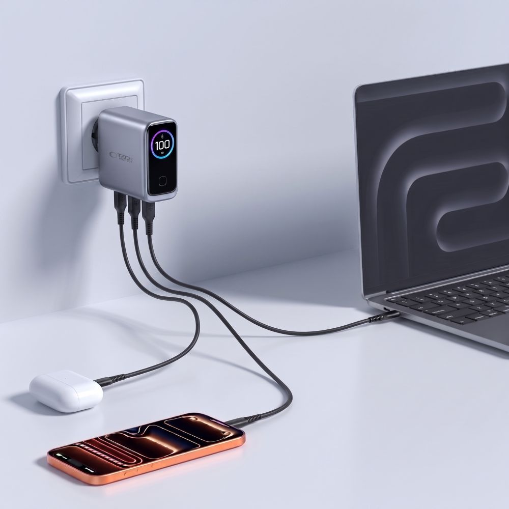 Tech-Protect PowerVision NC100W-GaN 3-prievadų PD 100W / QC3.0 Sienos Krauntuvas - Tamsiai Pilka -- Cell phone chargers