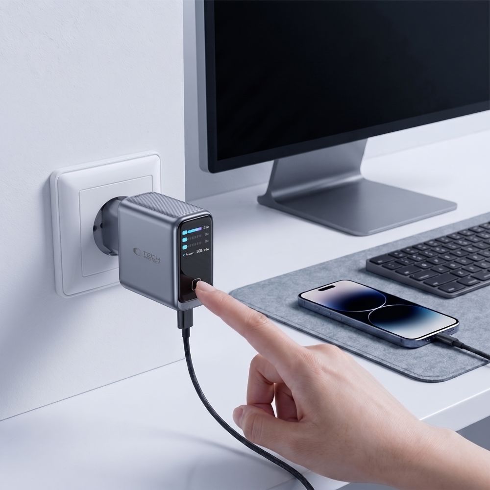 Tech-Protect PowerVision NC100W-GaN 3-prievadų PD 100W / QC3.0 Sienos Krauntuvas - Tamsiai Pilka -- Cell phone chargers