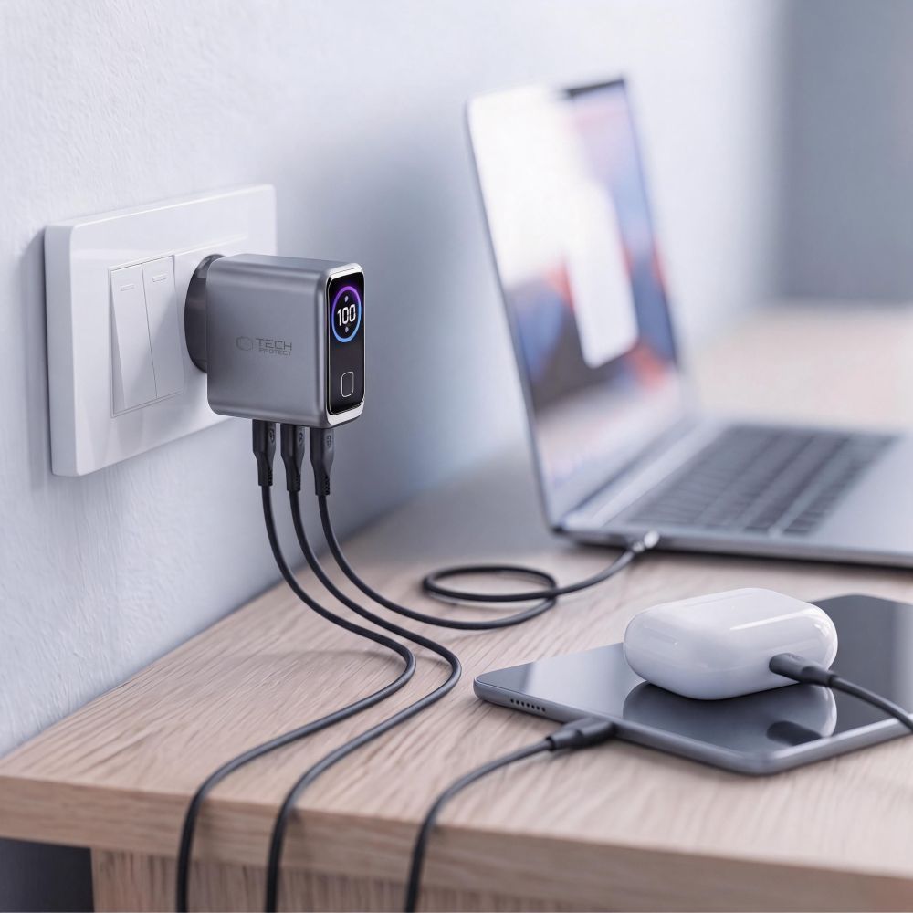 Tech-Protect PowerVision NC100W-GaN 3-prievadų PD 100W / QC3.0 Sienos Krauntuvas - Tamsiai Pilka -- Cell phone chargers
