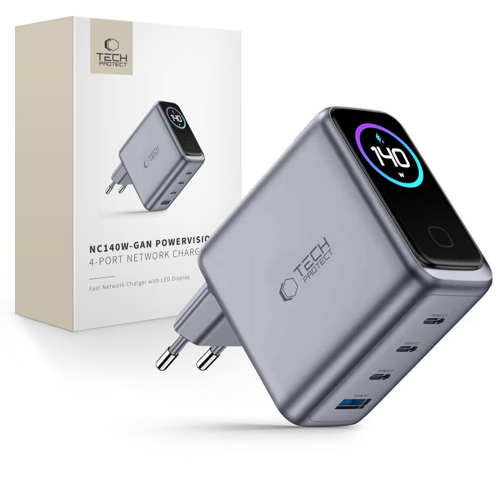 Tech-Protect PowerVision NC140W-GaN 4-prievadų PD 140W / QC3.0 Sienos Krauntuvas - Tamsiai Pilka -- Cell phone chargers