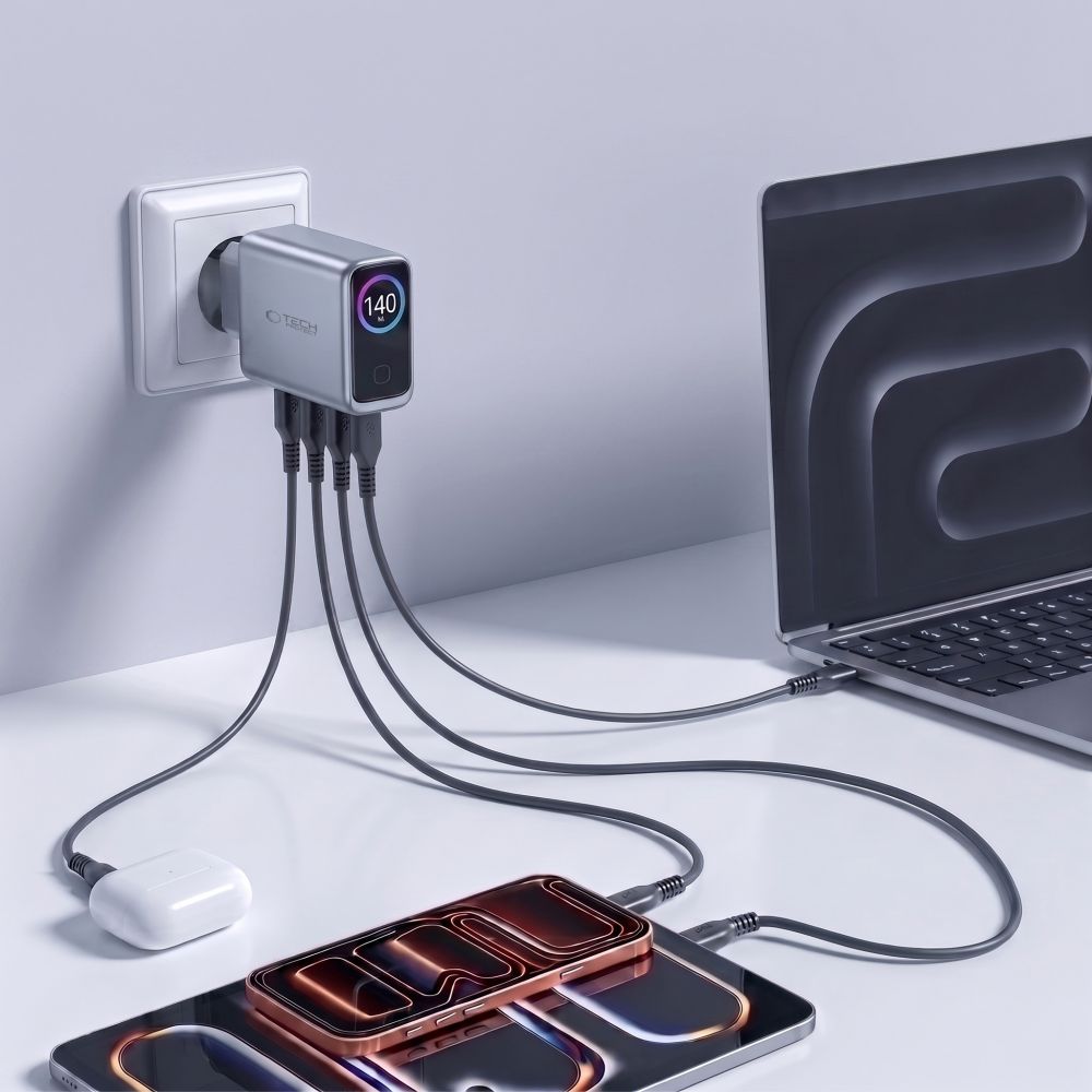 Tech-Protect PowerVision NC140W-GaN 4-prievadų PD 140W / QC3.0 Sienos Krauntuvas - Tamsiai Pilka -- Cell phone chargers