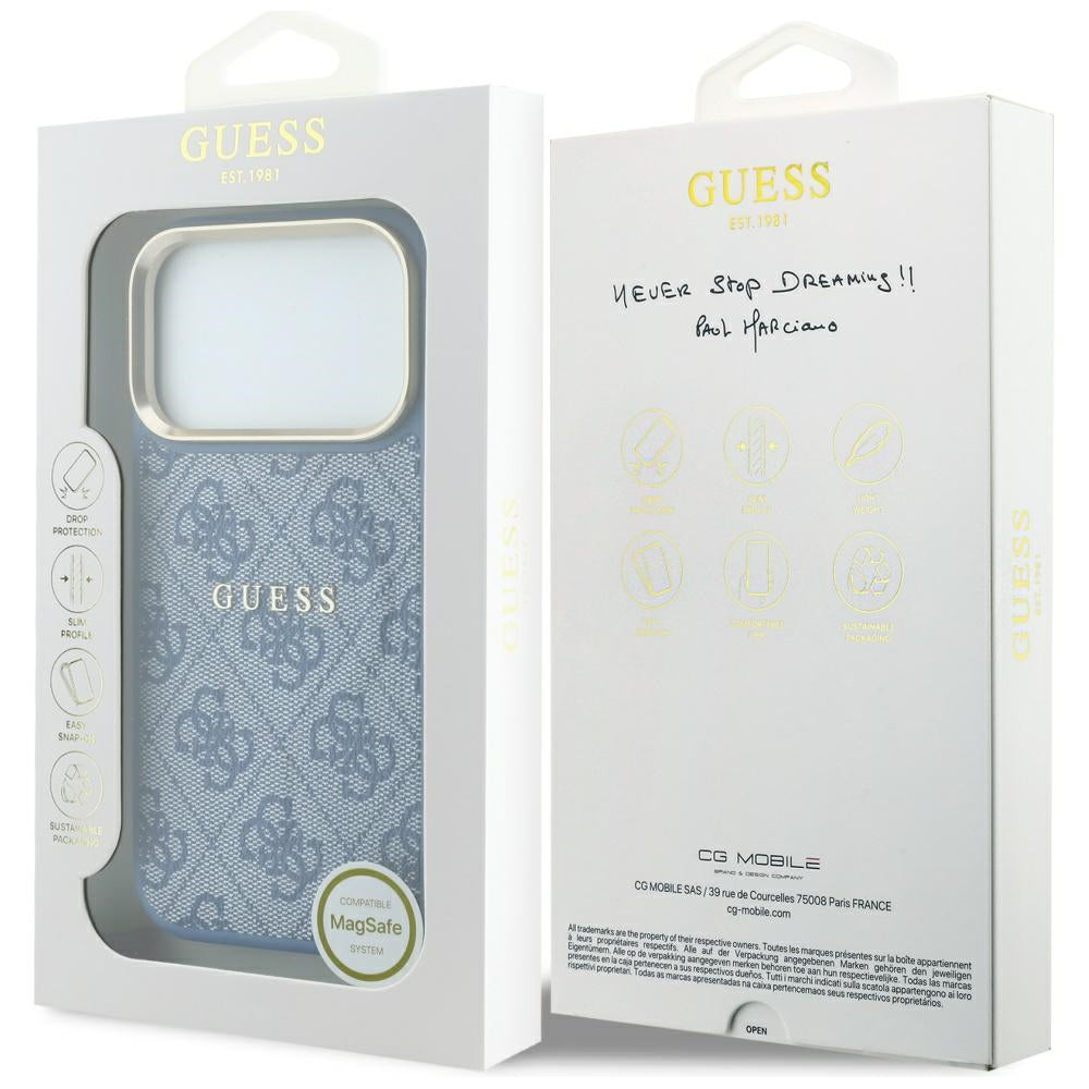 Guess Reljefo 4G Klasikinis MagSafe dėklas iPhone 17 Pro Max / 18 Pro Max - Mėlynas -- iPhone 17 Pro Max / iPhone 18 Pro Max