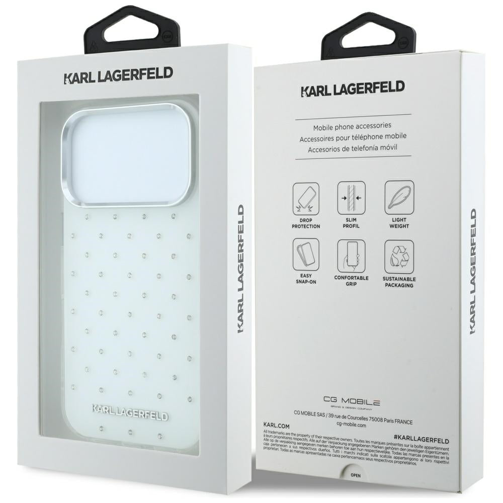 Karl Lagerfeld IML blizgūs dėklas su visapusiu logotipu ir elektrinės plokavimo logotipu - baltas (iPhone 17 Pro / 18...