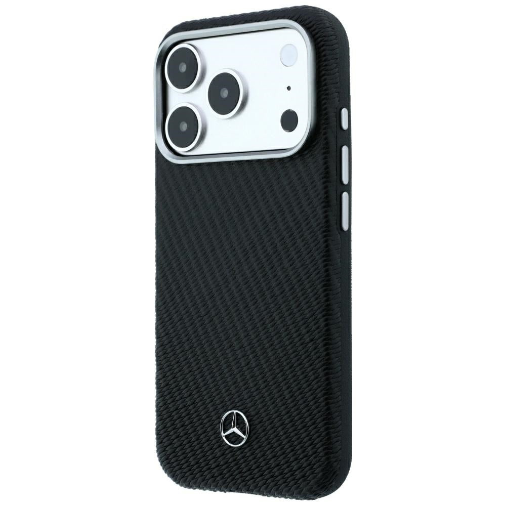 Mercedes Leather Semi Wrap Wood Effect MagSafe dėklas iPhone 17 Pro / 18 Pro - juodas -- iPhone 17 Pro / iPhone 18 Pro