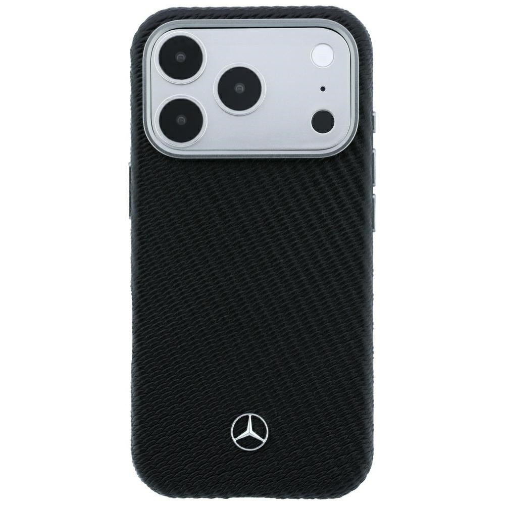 Mercedes Leather Semi Wrap Wood Effect MagSafe dėklas iPhone 17 Pro / 18 Pro - juodas -- iPhone 17 Pro / iPhone 18 Pro