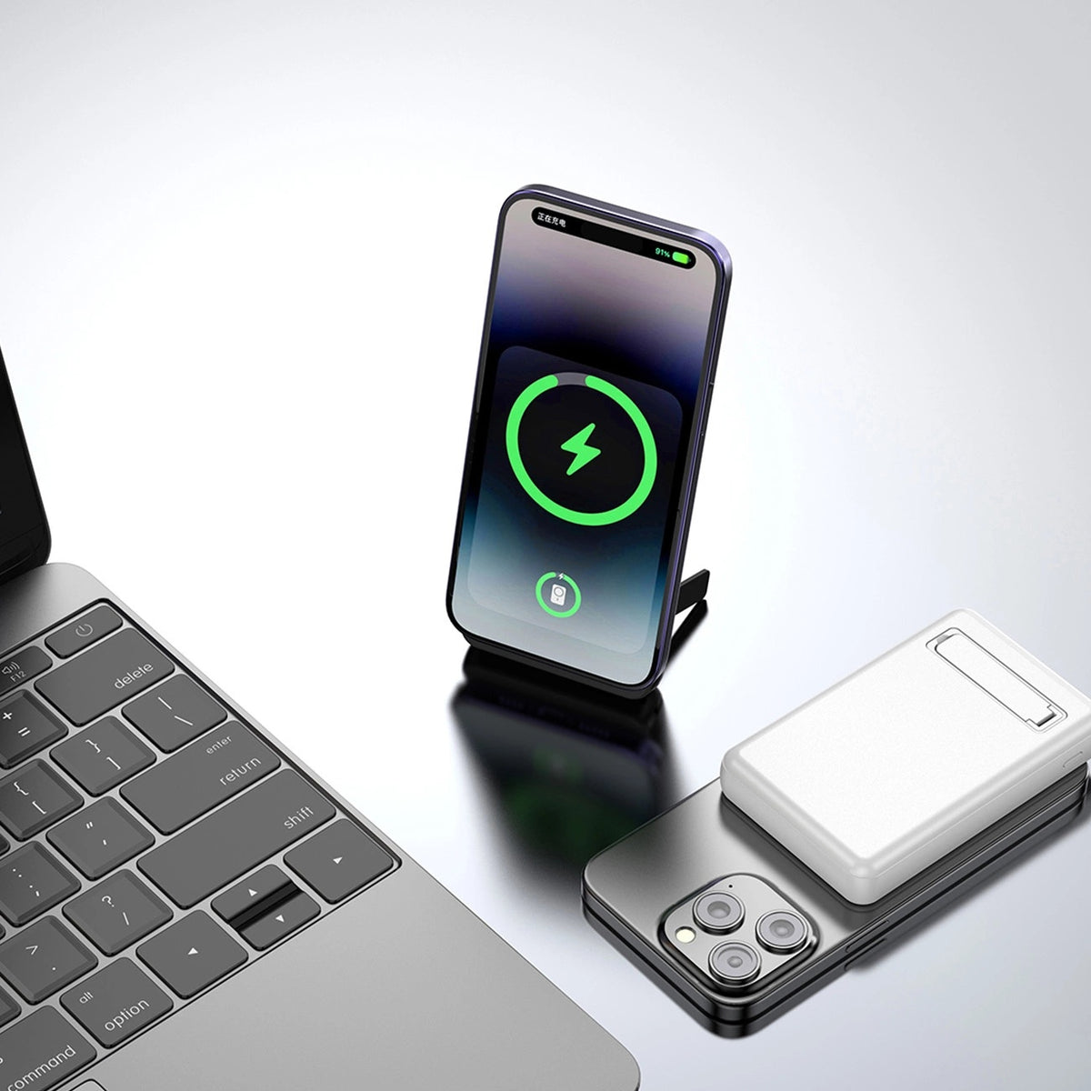 Magnetinis powerbank Dudao K14S+ 10000mAh 22.5W USB-A + USB-C suderinamassu MagSafe su stovu - baltas -- Powerbanks