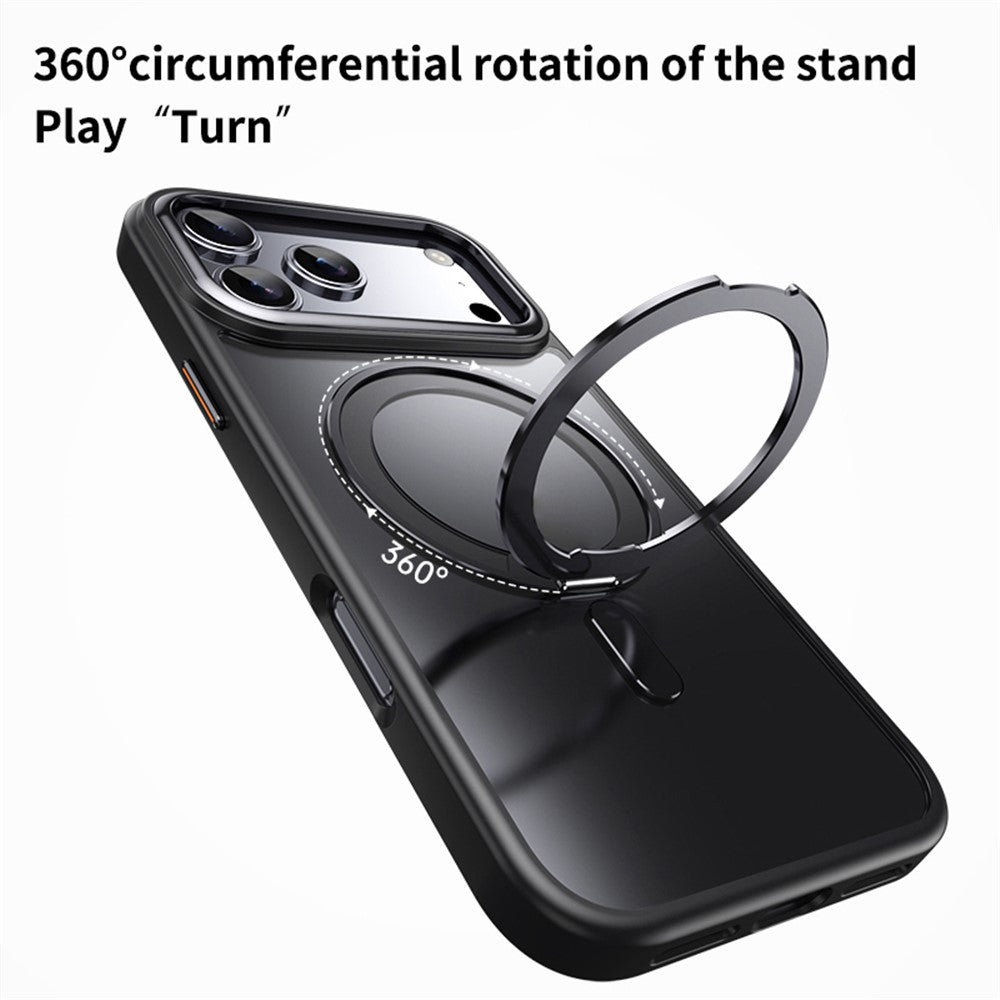 Dėklas iPhone 18 Pro / 17 Pro su besisukančiu stovu, magnetinis, TPU akrilas, MagSafe – juodas -- iPhone 18 Pro / iPhone...