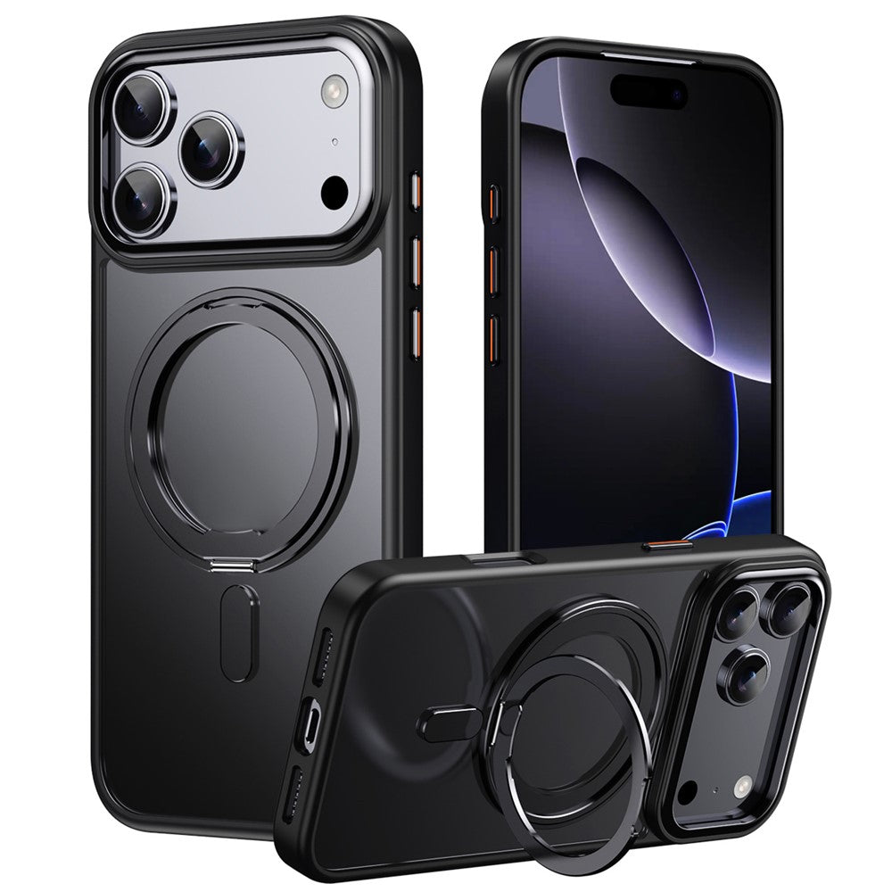 Dėklas iPhone 18 Pro Max / 17 Pro Max su besisukančiu stovu, magnetinis, TPU akrilas, MagSafe – juodas -- iPhone 18 Pro...