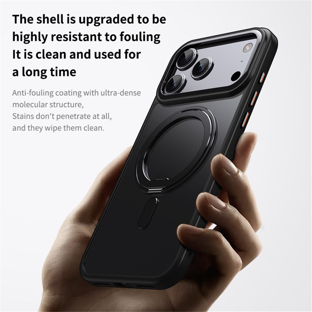 Dėklas iPhone 18 Pro Max / 17 Pro Max su besisukančiu stovu, magnetinis, TPU akrilas, MagSafe – juodas -- iPhone 18 Pro...