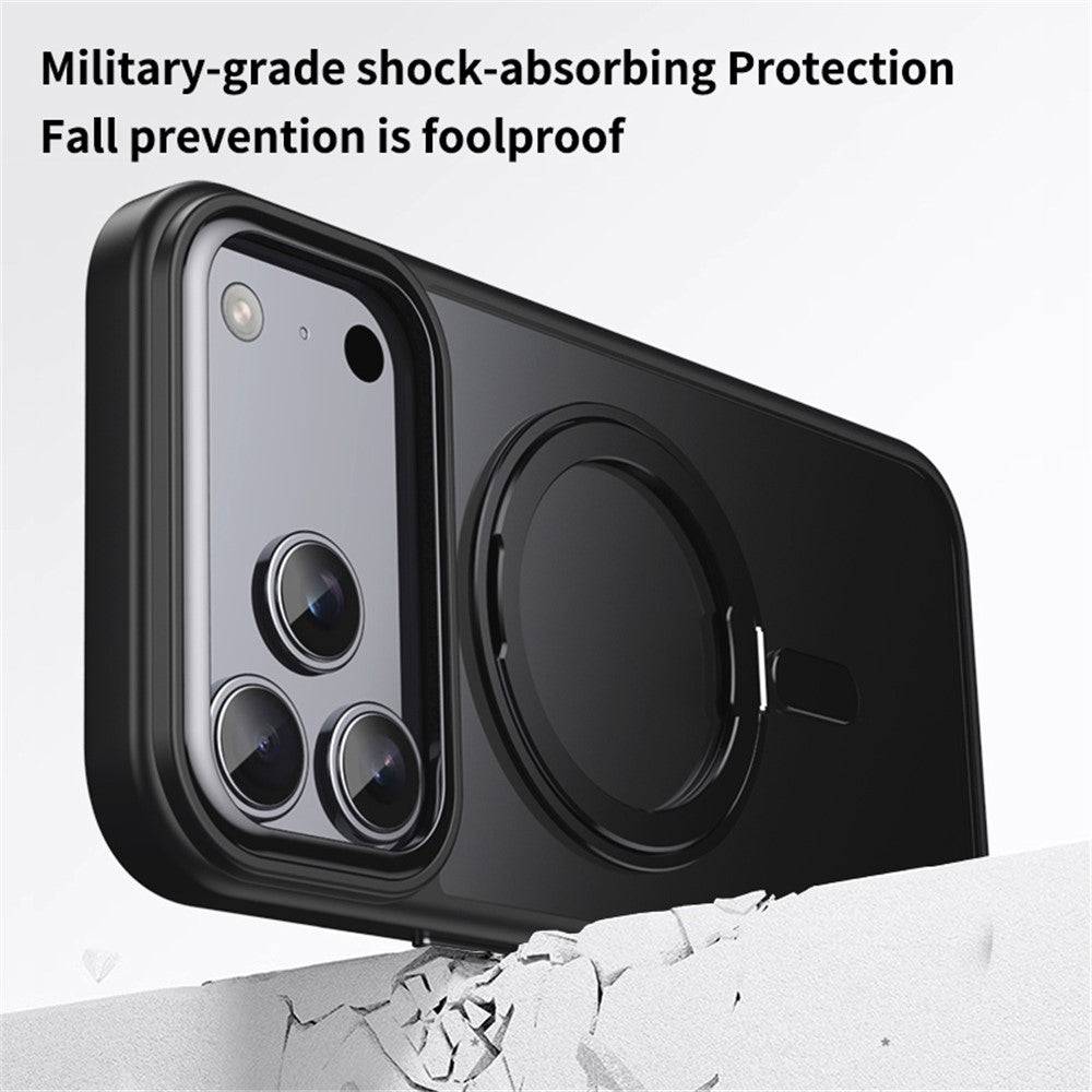 Dėklas iPhone 18 Pro Max / 17 Pro Max su besisukančiu stovu, magnetinis, TPU akrilas, MagSafe – juodas -- iPhone 18 Pro...