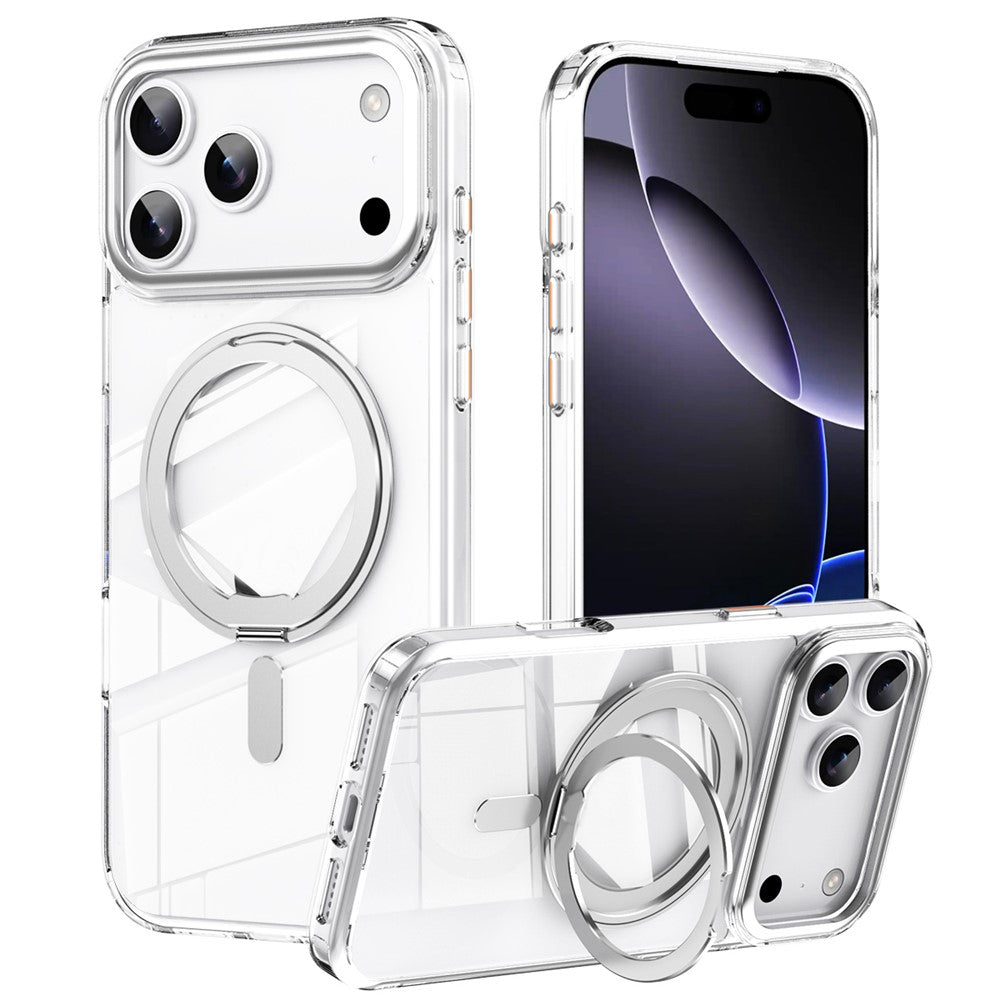 Apsauginis magnetinis dėklas iPhone 18 Pro Max / 17 Pro Max TPU akrilinis su 360° pasukamu stovu, MagSafe - baltas --...