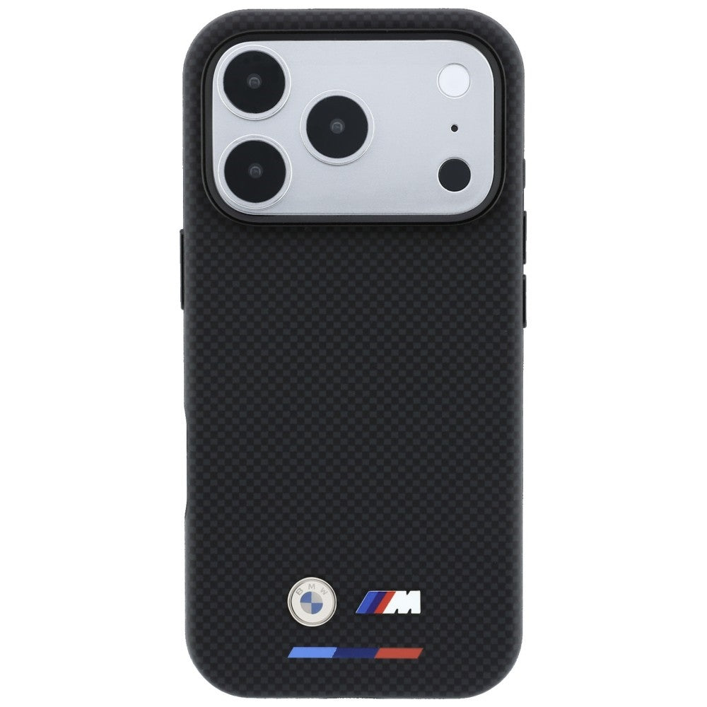 BMW M Quadrille Kevlar Tricolor & Metal Logo MagSafe dėklas iPhone 17 Pro / 18 Pro - Juodas -- iPhone 17 Pro / iPhone 18 Pro