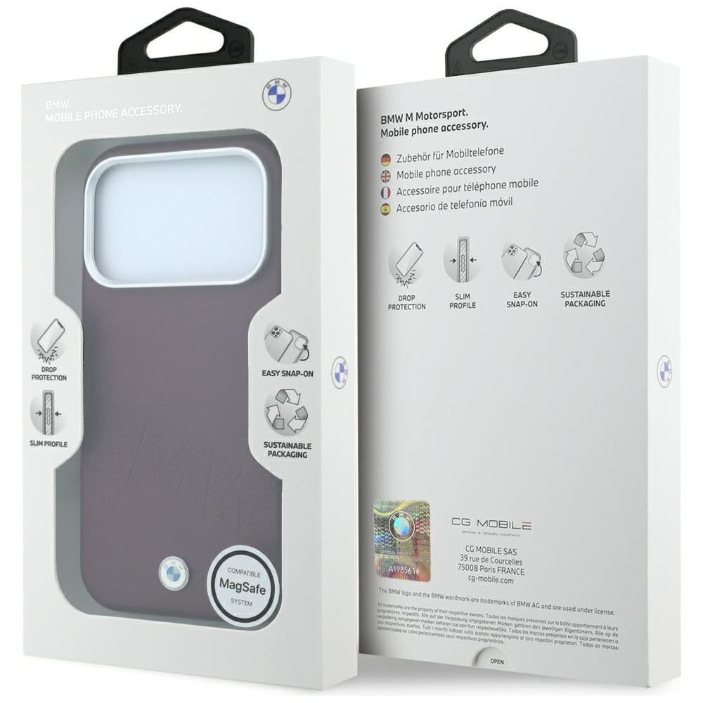 BMW ženklas su pasviriusiomis embosavimo raidėmis MagSafe dėklas iPhone 17 Pro Max / 18 Pro Max - Bordo -- iPhone 17 Pro...