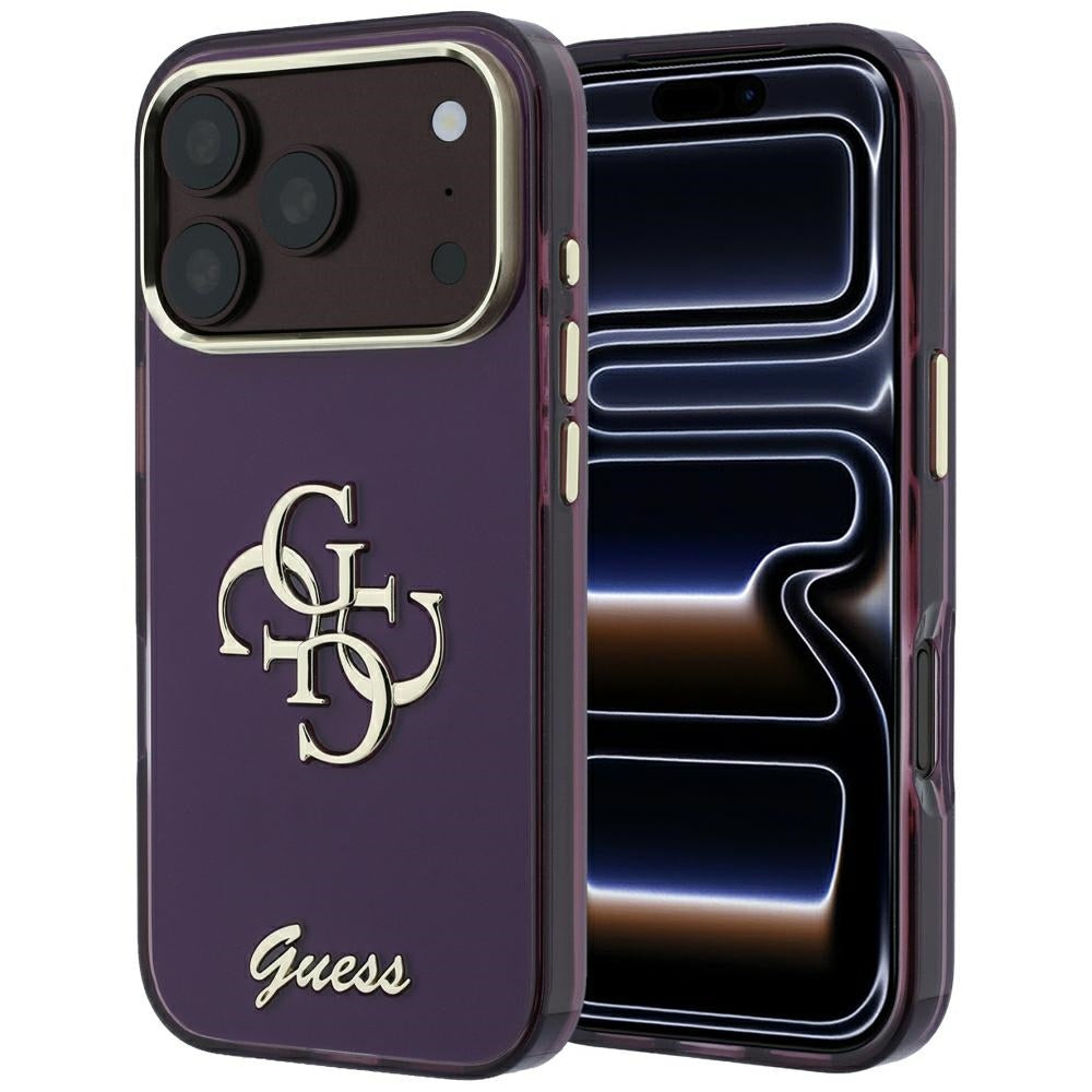 Guess IML 4G Script Metal dėklas iPhone 17 Pro / 18 Pro - burgundiškos spalvos -- iPhone 17 Pro / iPhone 18 Pro