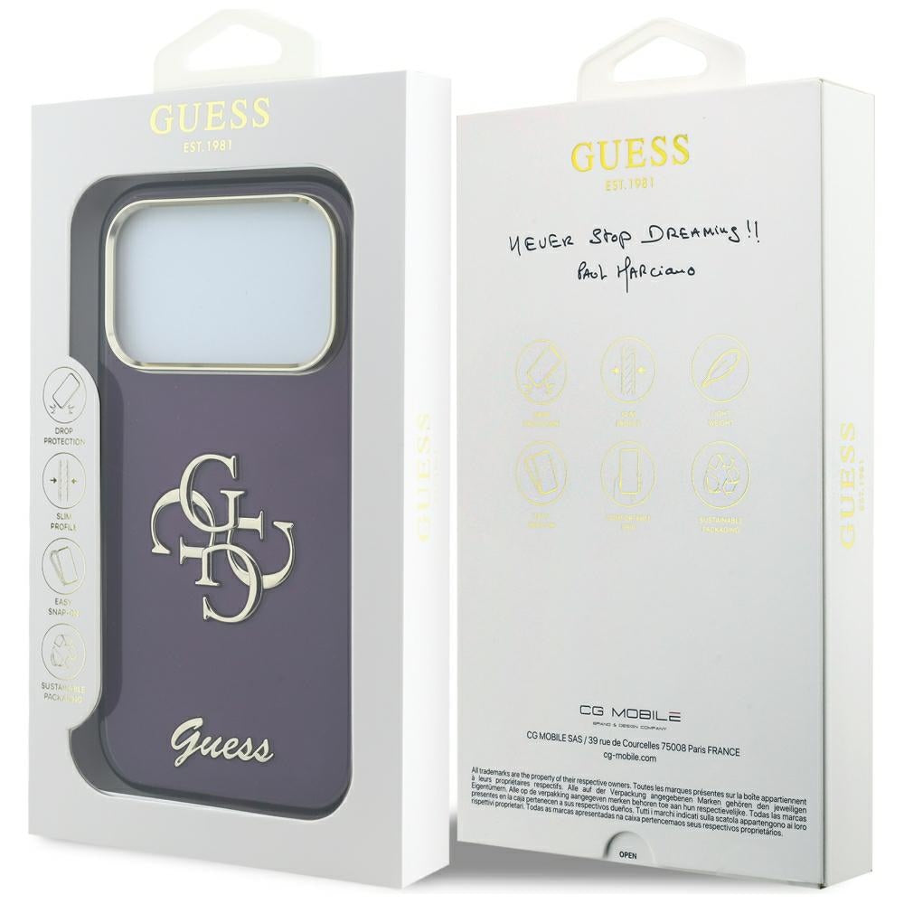 Guess IML 4G Script Metal dėklas iPhone 17 Pro / 18 Pro - burgundiškos spalvos -- iPhone 17 Pro / iPhone 18 Pro