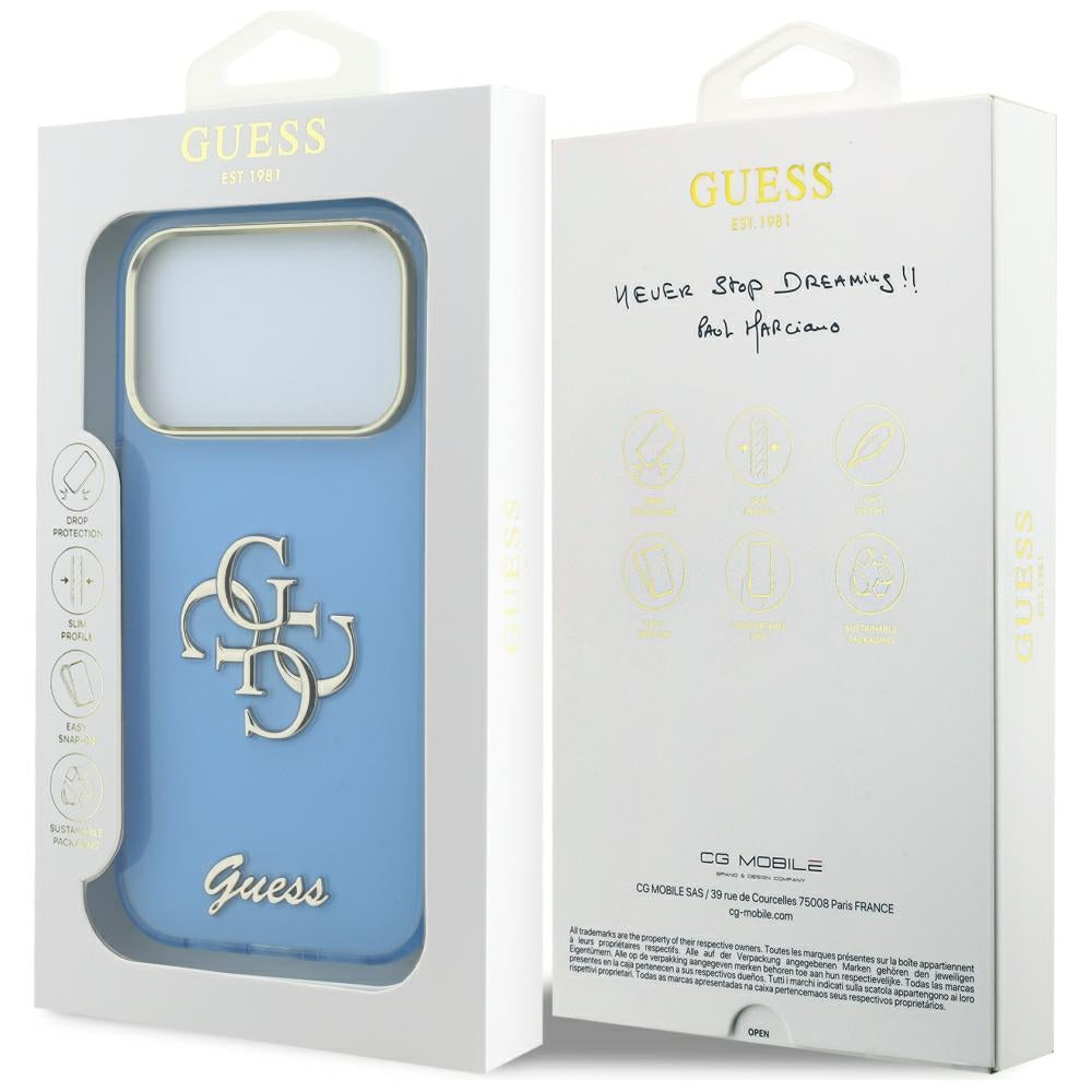 Guess IML 4G Script Metal dėklas iPhone 17 Pro / 18 Pro - šviesiai mėlyna -- iPhone 17 Pro / iPhone 18 Pro