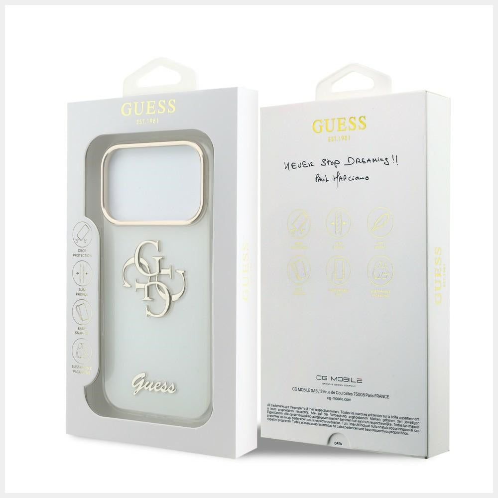 Guess IML 4G Script Metal dėklas iPhone 17 Pro Max / 18 Pro Max - baltas -- iPhone 17 Pro Max / iPhone 18 Pro Max