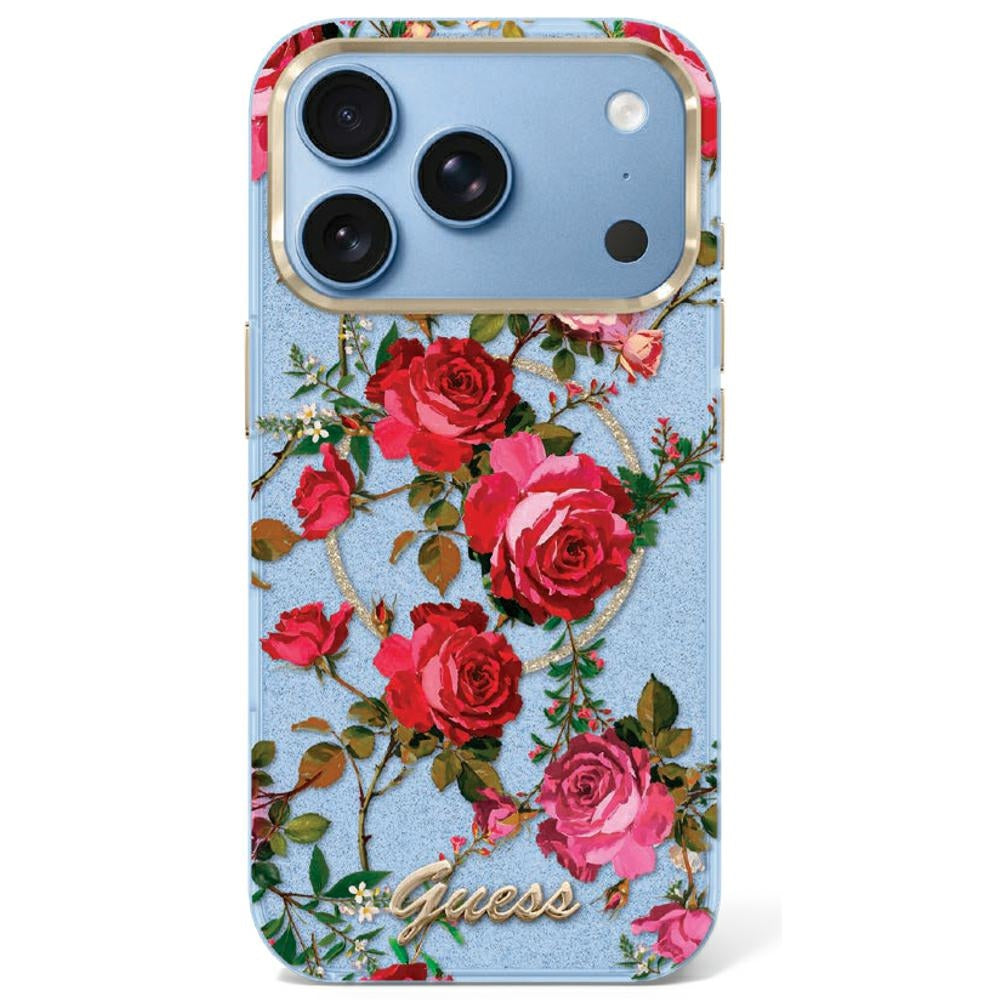 Guess IML Glitter Blossom Roses dėklas skirtas iPhone 17 Pro / 18 Pro - Šviesiai mėlyna -- iPhone 17 Pro / iPhone 18 Pro