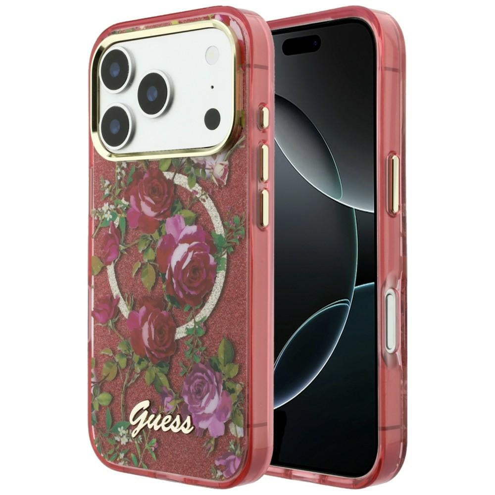 Guess IML Glitter Blossom Roses dėklas iPhone 17 Pro Max / 18 Pro Max - bordo -- iPhone 17 Pro Max / iPhone 18 Pro Max