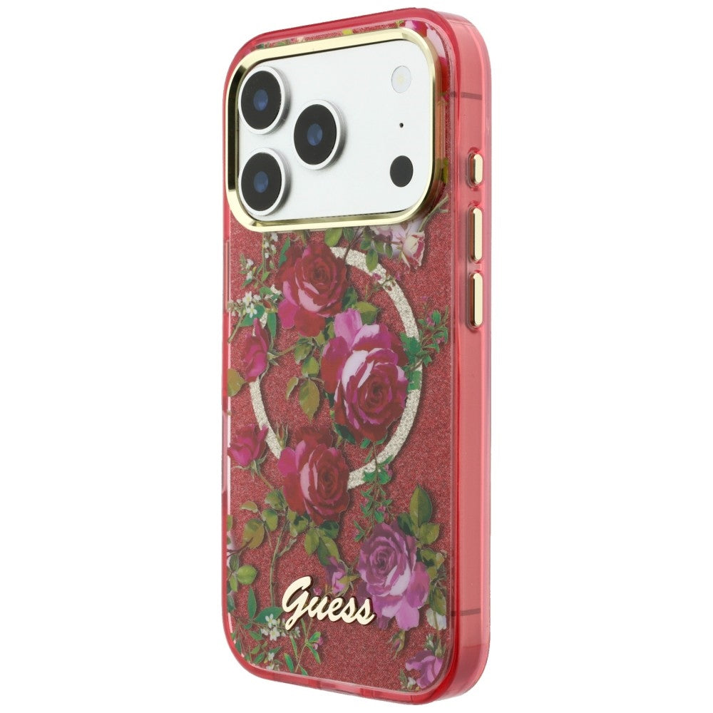 Guess IML Glitter Blossom Roses dėklas iPhone 17 Pro Max / 18 Pro Max - bordo -- iPhone 17 Pro Max / iPhone 18 Pro Max